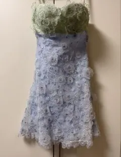 花刺繍 ドレス ライトブルー×グリーン　3Dフラワーモチーフ　二次会