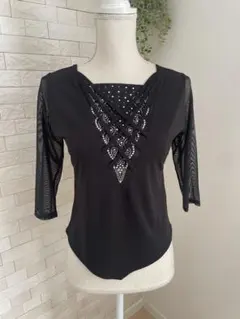 社交ダンス⭐️黒のストーン付きレッスンウェア　七分袖