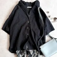 美品 ビューティー&ユース ふくれジャガードオープンカラーシャツ 半袖 ブラック