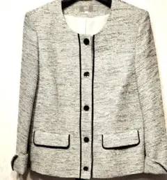 ad ノーカラージャケット ツイード調 グレー系 フォーマル 麻混
