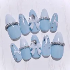 No.866　ネイルチップ 現品 量産型 地雷系 フレンチガーリー 水色