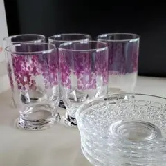 昭和レトロ☆パープルの小花のグラス☆ガラスのコースター付き☆5個セット☆コップ