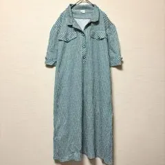 半袖 千鳥格子 シャツワンピース 緑 白 Vネック 前ボタン ロング丈 レトロ