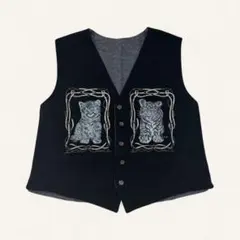 個性派！リバーシブル ベスト ジレ M 黒 猫 トラ アニマル柄 レトロ 古着