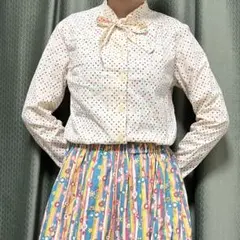 古着｜シャツ　長袖　ドット　ボウタイ　綿　昭和レトロ　日本製　可愛い　クリーム