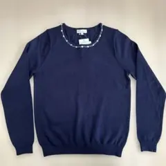 新品　earth ビジュー付きネイビー長袖ニット(ネイビー)