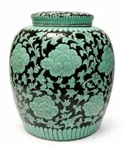 「雅玩珍藏」　黒釉緑彩 牡丹唐草文 蓋付壺 煎茶道具 　中国古玩鉄瓶銀瓶掛軸純銀 雅玩珍藏」 黒釉緑彩 牡丹唐草文 蓋付壺 煎茶道具 中国古玩鉄瓶銀瓶