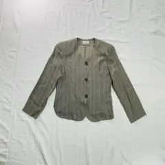 ストライプジャケット風シャツ グレー系 肩パットあり 古着