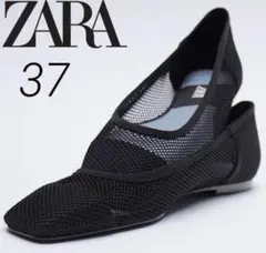 値下げ！ZARA　メッシュ　フラット　スクエア　パンプス　ブラックのサムネイル