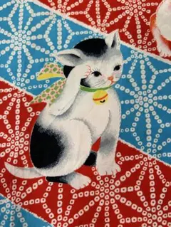 羽織裏ハギレ 着物 はぎれ 猫 麻の葉 アンティーク 生地 布 古布 和布 古裂