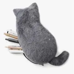 猫型ぬいぐるみ ペンケース 筆箱 ふわふわ 化粧ポーチ 小物収納にも♪ グレー
