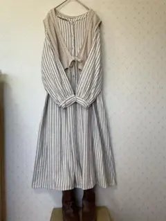 未使用タグ付 sm2 前後着 2WAY　綿麻 ストライプ 起毛 長袖ワンピース