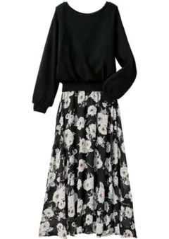 lucioleブラック✦フラワープリント ドッキングシフォンフレアスカート美品