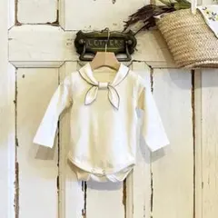 韓国 ベビー 無地 リボン えり付き ロンパース 80