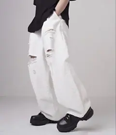 【美品】ADRER ヴィンテージ ダメージ ワイドデニム ホワイト Sサイズのサムネイル