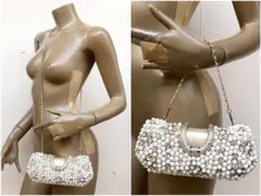 新品 import 短長チェーン付きパール&ストーンクラッチバッグ