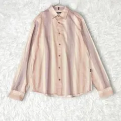 ストライプ調長袖シャツ　ベージュ　オレンジ　紫　フロントボタン　総柄