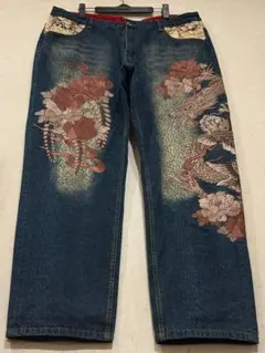 美品】不倶戴天 和柄ジーンズ 和柄ジーパン 和柄デニム W36 龍 鯉