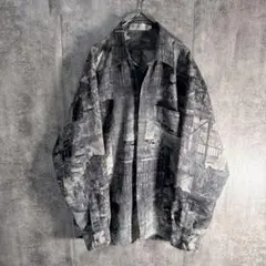 総柄シャツ 長袖 アート柄 風景柄 モノトーン レトロ M 古着　ポリシャツ