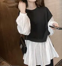 レイヤード風チュニック ブラック・ホワイト