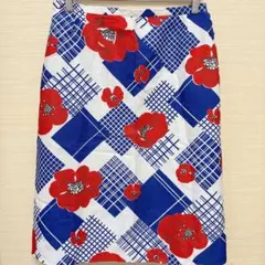 レトロ 幾何学×花柄 タイトスカート 青 赤 白 総柄 華やか ミモレ丈 個性的
