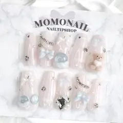 449 現品ネイルチップ フレンチガーリー さくらんぼネイル くま 水色 ピンク