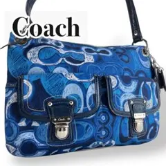 【美品】COACH コーチ　poppy ワンハンドルバッグ シグネチャー　ブルー