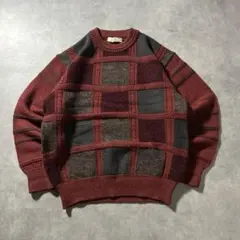 ヴィンテージ レッド チェック 切替 レトロ マルチカラー ニット セーター