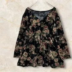 花柄 ベロア ワンピース ブラック L Vネック ウエストリボン フレア