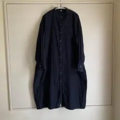 【M-L】無印良品 インド綿二重ガーゼ スタンドカラーワンピース ダークネイビー