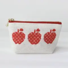 かわいい♪りんごマチ付きミニポーチ　こぎん刺し/ 刺し子/刺繍　スイーツフルーツ