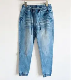 デニム　ジョガーパンツ　イージー仕様 テーパードシルエット ヴィンテージ加工　L