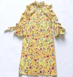 極美品】ERUKEI エルケイ銀座 小花柄フリル ミディ丈ドレス S／2 黄色