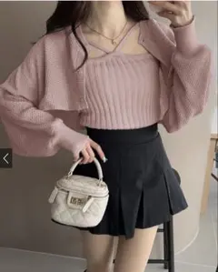 新品★GRL クロップド丈カーディガンXキャミソールニット アンサンブル ピンク