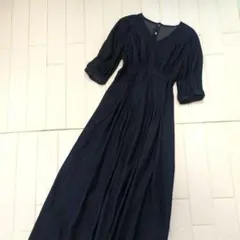 美品 レトロ デニムロングワンピース ウエストギャザー 5分袖 コットン100%のサムネイル