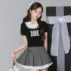 半袖シャツレイヤードVネックニット フリルティアードショートパンツ