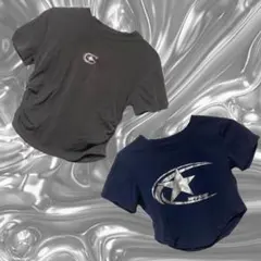 ネイビー・グレー ロゴプリントTシャツ　ミニ丈　まとめ売り　y2k ギャル