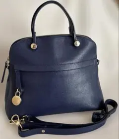 フルラ 2WAY ショルダー ハンドバッグ レザー パイパー ネイビー