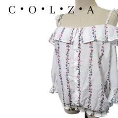 コルザ 花柄ストライプオフショルダーブラウス 裾総ゴム フリル ホワイト L
