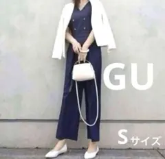 GU ダブルボタン ワイドレッグオールインワン ネイビー S