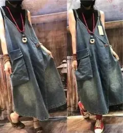 M デニム ロングワンピース　ジャンパースカート　サロペット　春 c2