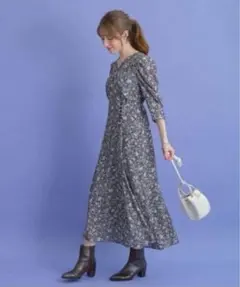 花柄 七分袖 ロングワンピース グレー系