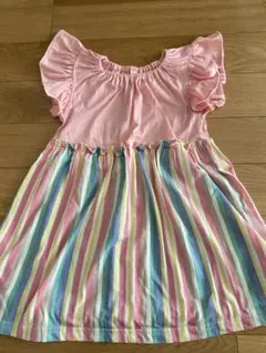 【120サイズ】フリル袖 ピンク ストライプ ワンピース