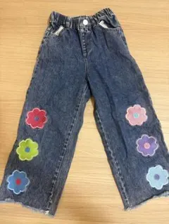 花柄刺繍 ダークブルーデニムパンツ