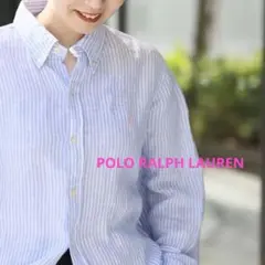 【美品✨】ポロラルフローレン リネンシャツ ブルー ストライプ ボタンダウン M