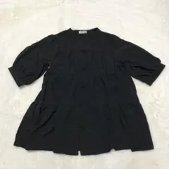 新品 エヘカソポ 丸襟 くるみボタン 七分袖 チュニック ブラック M 