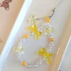 【No.40】ビーズストラップ 黄色系 リボン 蝶々 バタフライ②