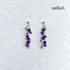 [1043]ティアドロップガラスの螺旋ピアス ブルー パープル ハンドメイド