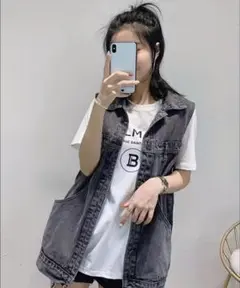 お値下げ新品ダークグレー デニム ノースリーブベストXL