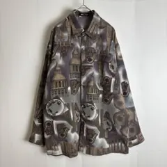 【デザインシャツ】総柄ポリシャツレトロヨーロピアンM日本製ヴィンテージアート